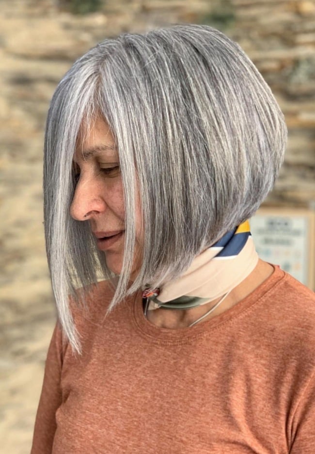 Gray Inverted Bob With Side-Swept Bangs — Simple Inverted Bob