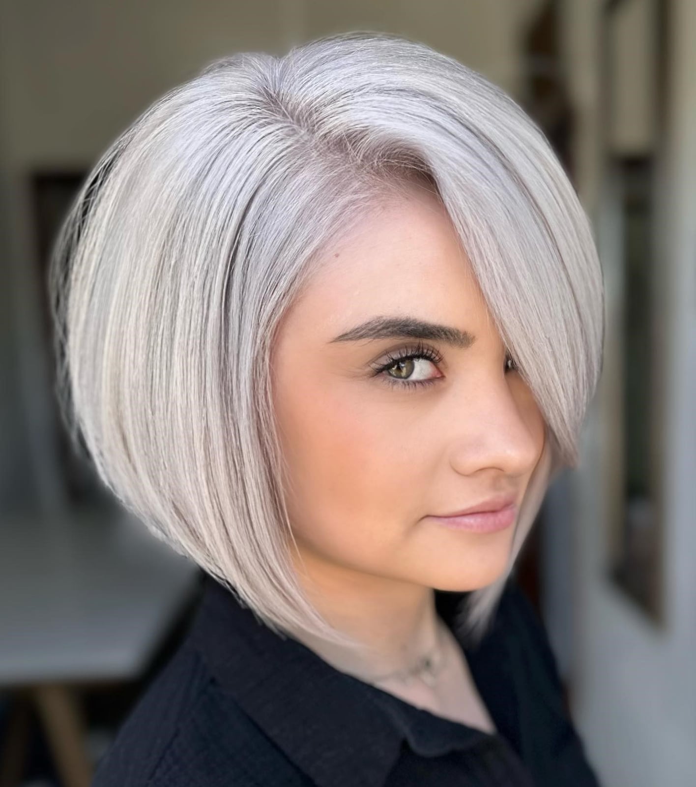 Sharp Ash Blonde Inverted Bob With Side-Swept Bangs — Simple Inverted Bob