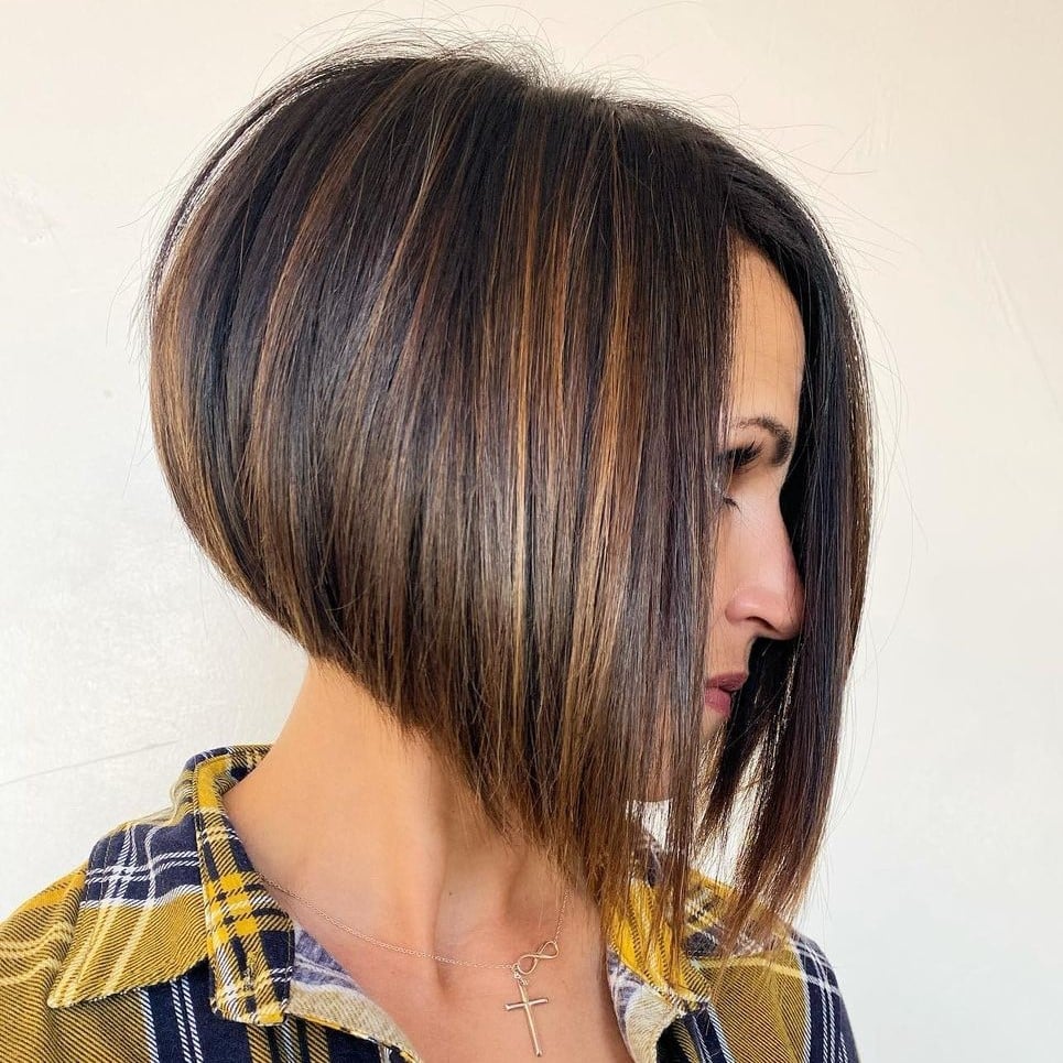 Angled Chin Length Brown Bob With Blonde Highlights — Simple Inverted Bob
