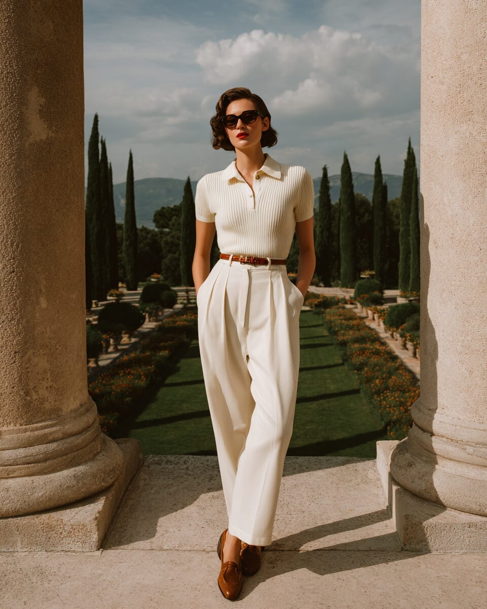 Cream knit polo with wide leg trousers Cream knit polo with wide leg trousers — Simple Italian Style