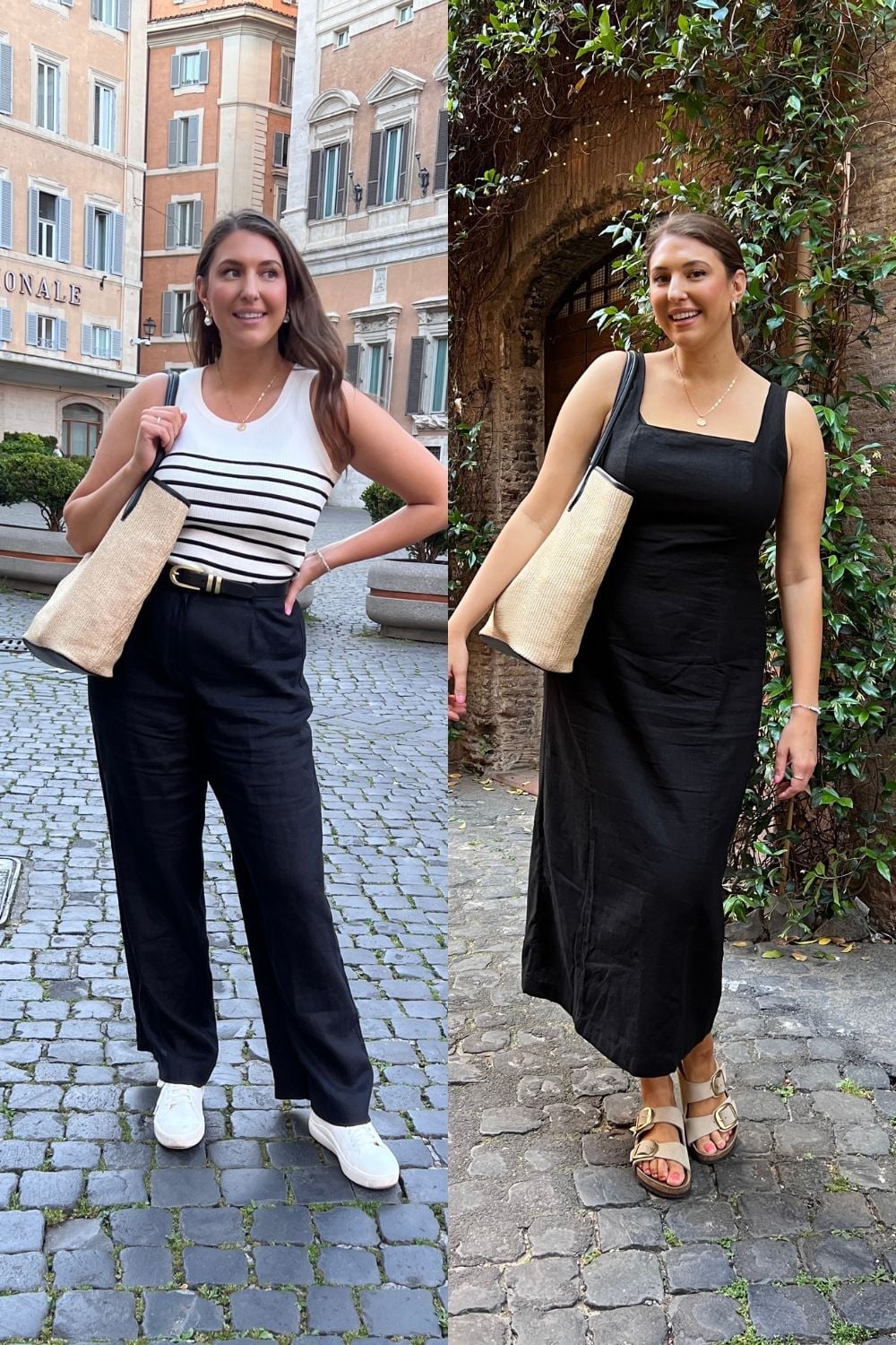 Striped tank top with black linen trousers, Office-Safe Version Striped tank top with black linen trousers, Office-Safe Version — Simple Italian Style