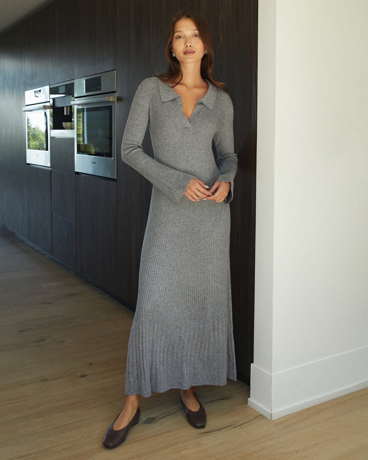 Ribbed Knit Dress With Collar Detail — Simple Knit Dress