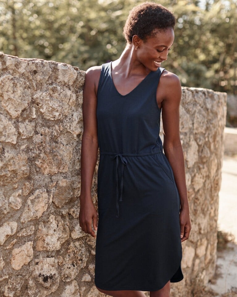 Navy Sleeveless Knit Dress With Drawstring Waist — Simple Knit Dress