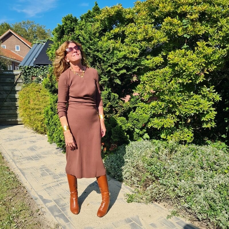 Brown Ribbed Knit Midi Dress With Knee-High Boots — Simple Knit Dress