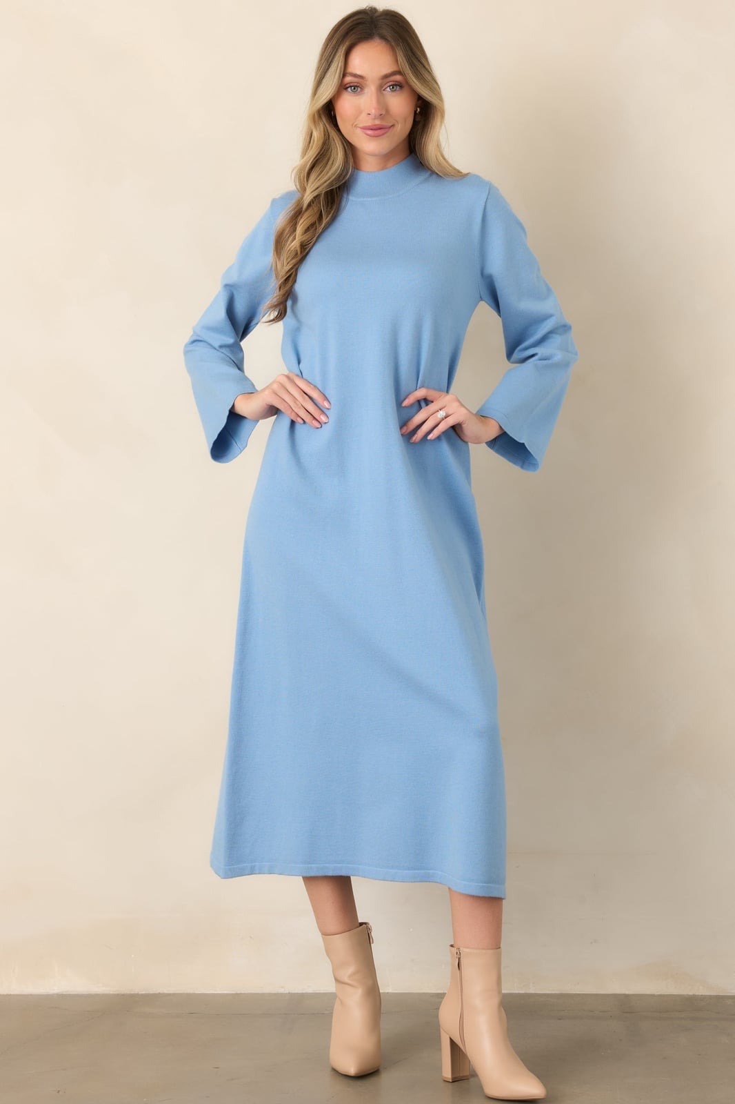 Light Blue Knit Shift Dress With Bell Sleeves — Simple Knit Dress
