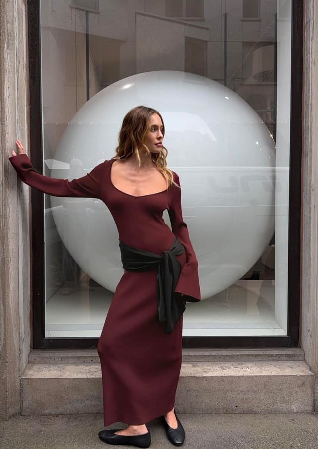 Burgundy Maxi Dress With Flared Sleeves — Simple Knit Dress