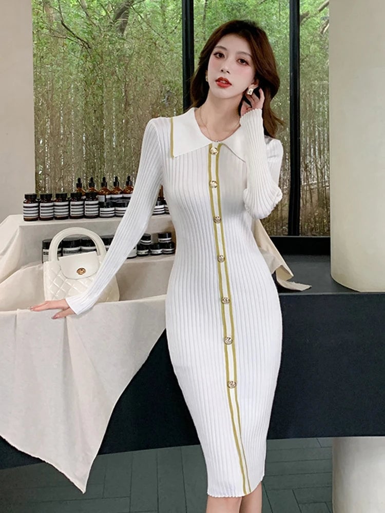 White Ribbed Knit Midi Dress With Lapel Collar — Simple Knit Dress
