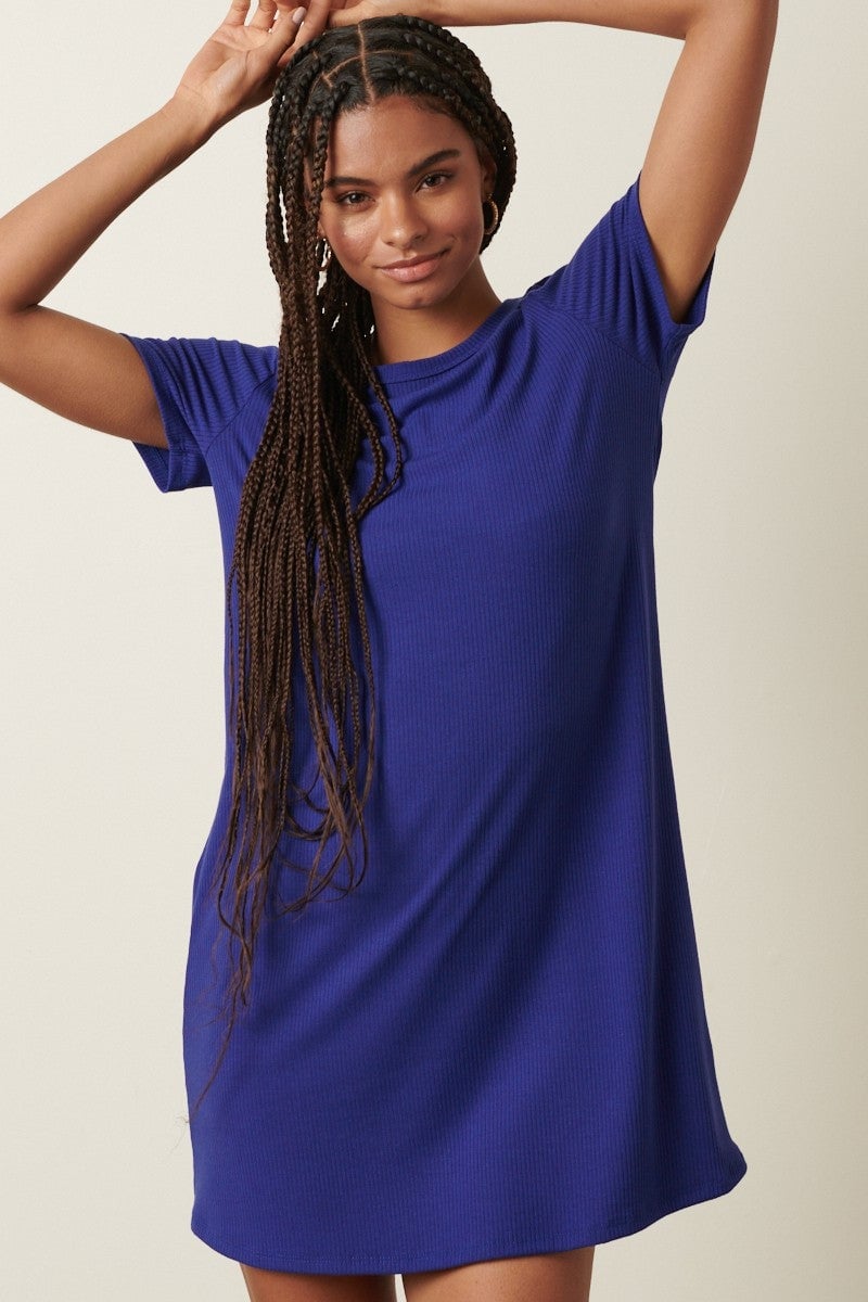 Royal Blue Ribbed Knit T-Shirt Dress — Simple Knit Dress