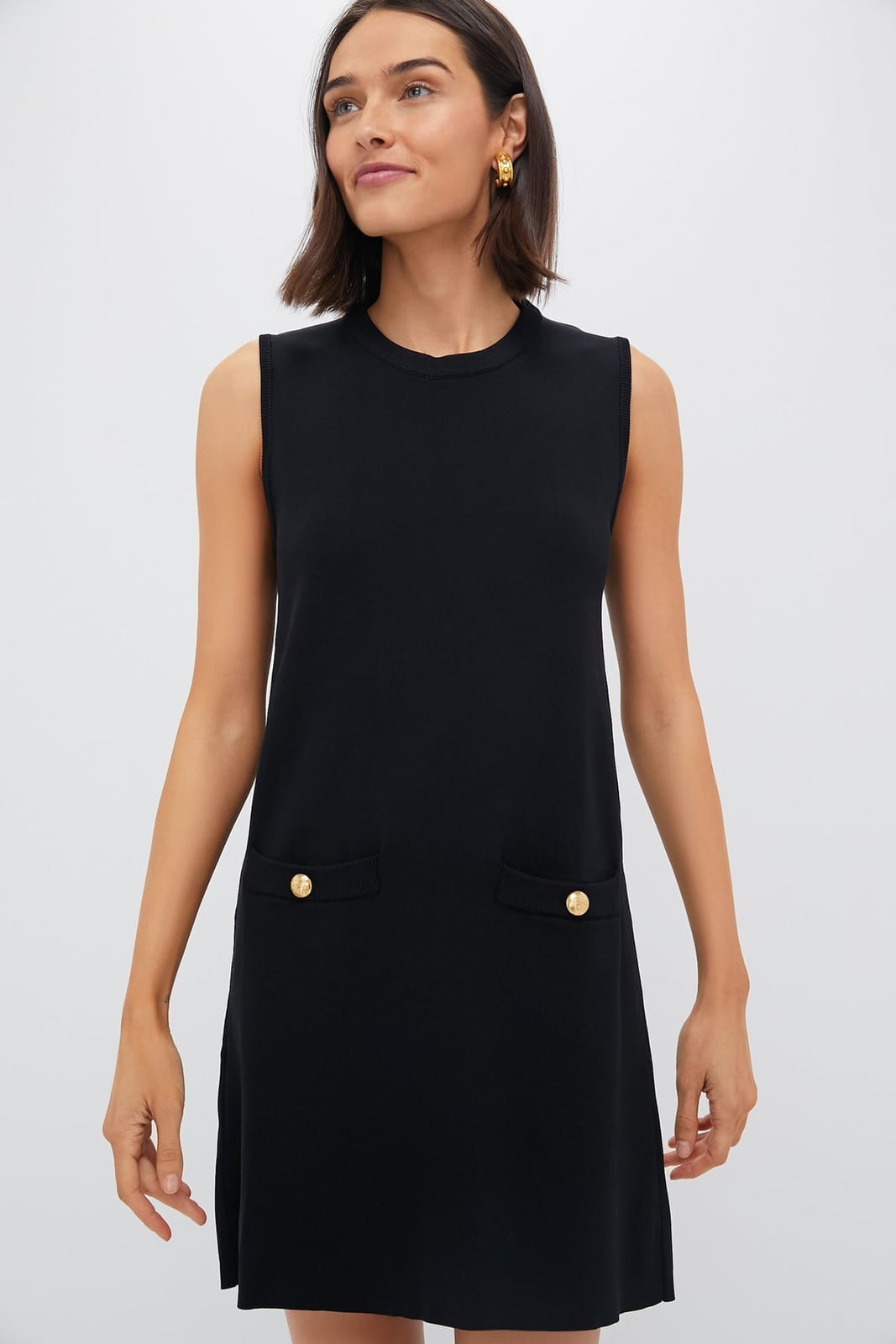 Black Knit Shift Dress With Gold Button Pockets — Simple Knit Dress