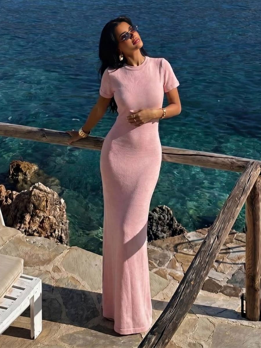 Pink Fitted Rib Knit Dress — Simple Knit Dress