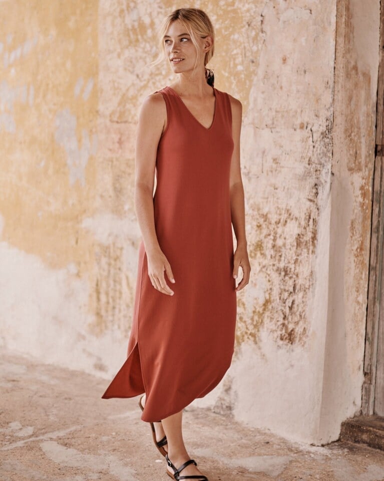 Rust Sleeveless Jersey Dress With Side Slits — Simple Knit Dress