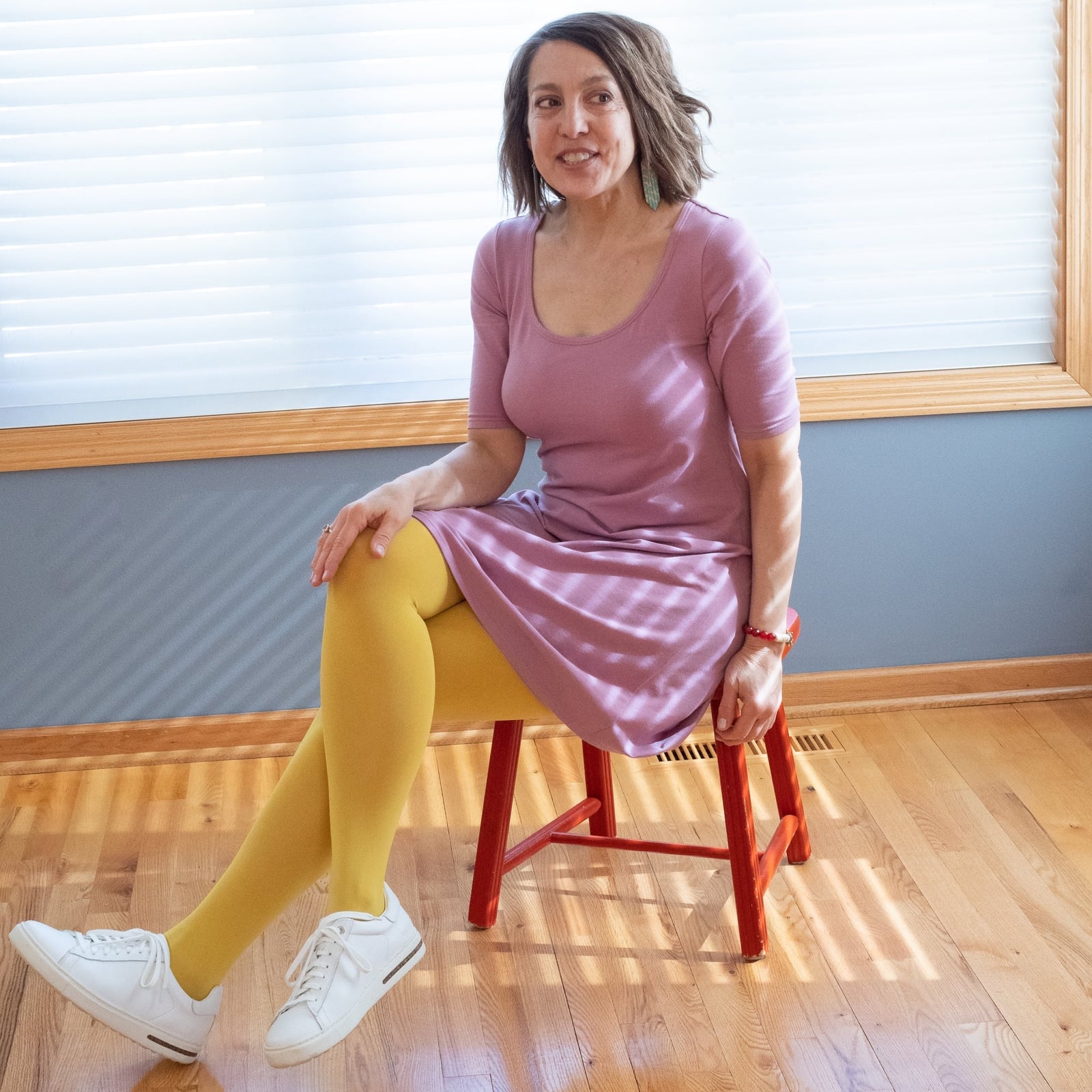 Purple Jersey Knit Dress With Yellow Tights — Simple Knit Dress