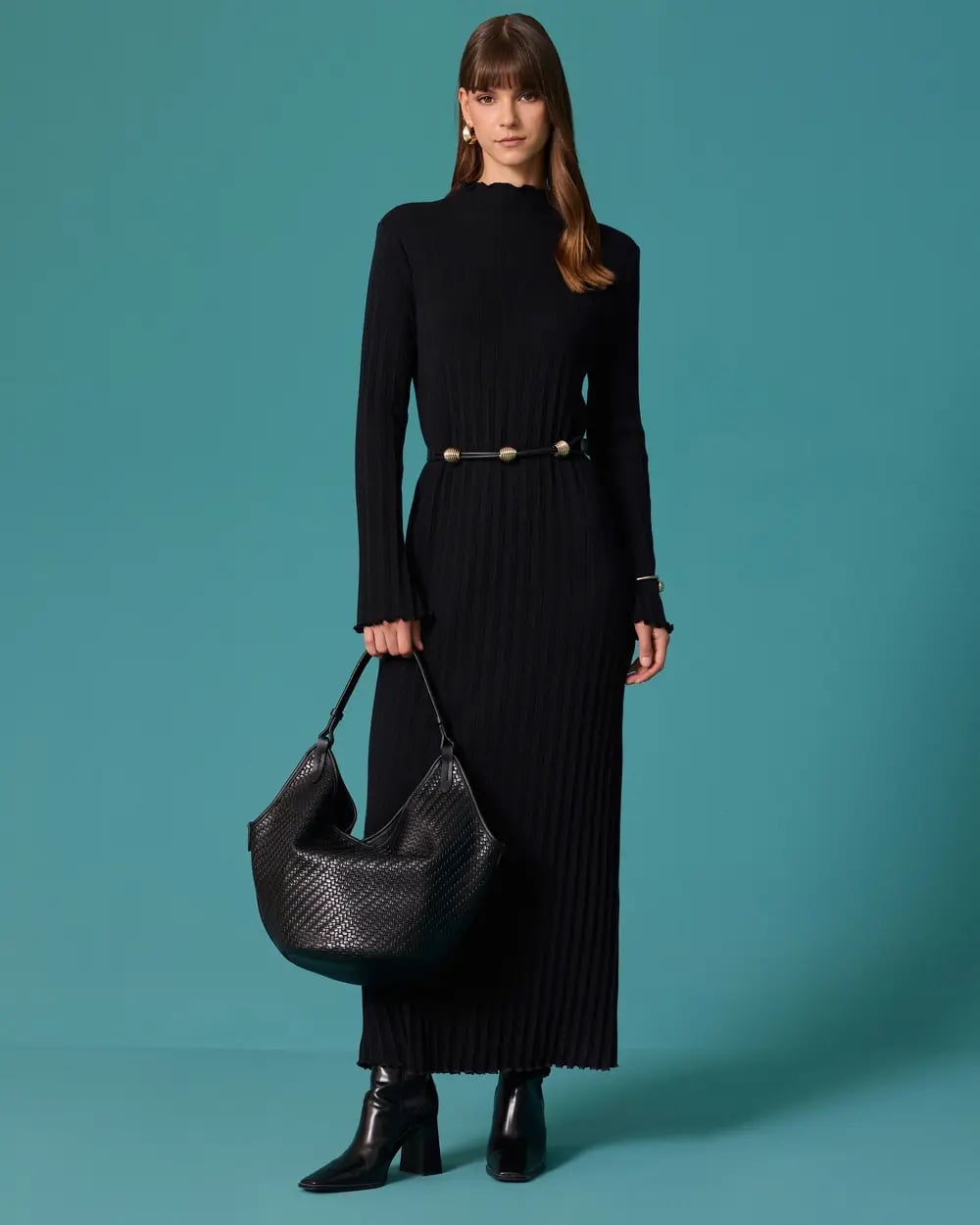 Black Ribbed Midi Dress With Pleated Skirt — Simple Knit Dress