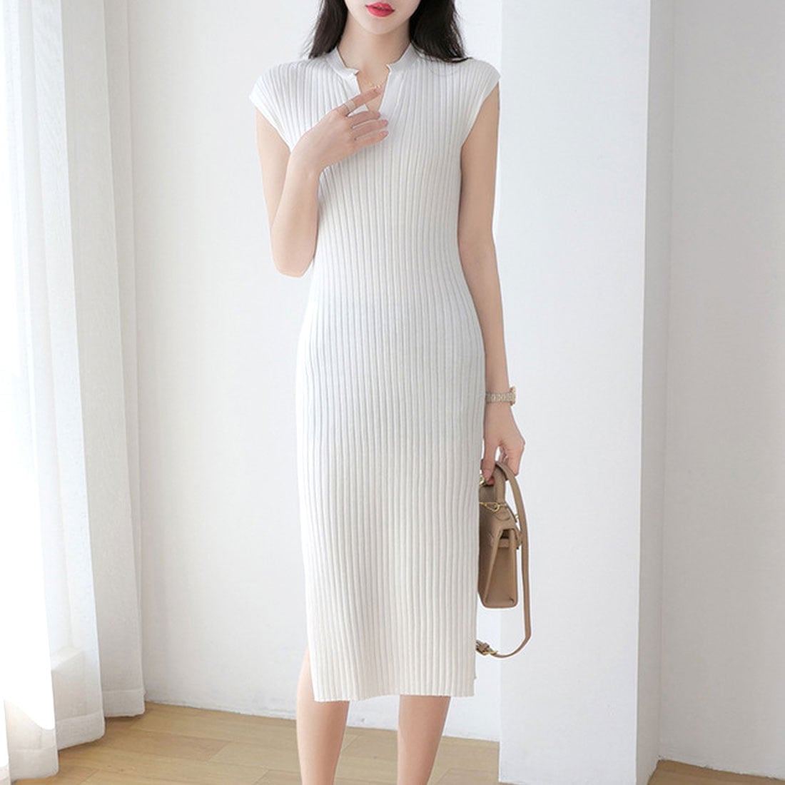 White Ribbed Knit Mock Neck Dress — Simple Knit Dress