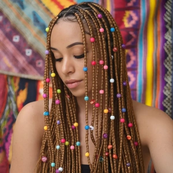 Mid-Back Medium Brown Braids With Blonde Highlights and Beads, Middle Mid-Back Medium Brown Braids With Blonde Highlights and Beads, Middle — Simple Knotless Braids