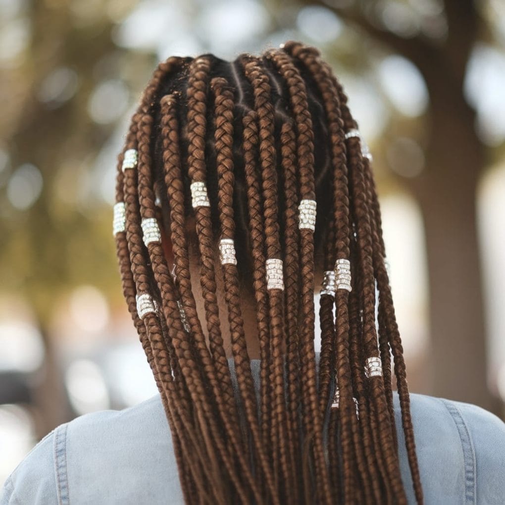 Mid-Back Brown Knotless Braids With Beads, Straight Mid-Back Brown Knotless Braids With Beads, Straight — Simple Knotless Braids