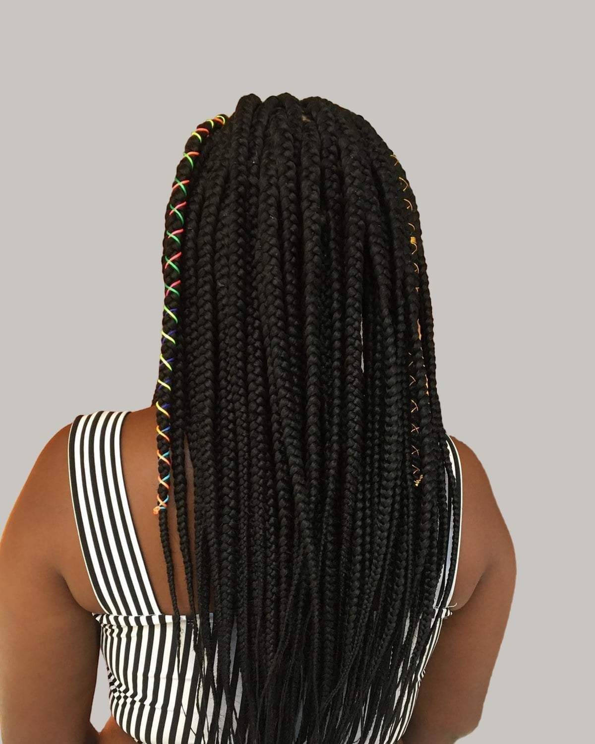 Mid-Back Black Braids With Colorful Thread Accents Mid-Back Black Braids With Colorful Thread Accents — Simple Knotless Braids