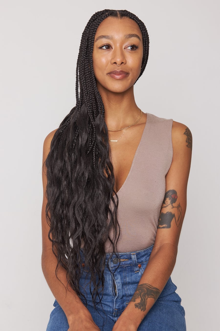 Mid-Back Black Box Braids With Wavy Ends, Middle Mid-Back Black Box Braids With Wavy Ends, Middle — Simple Knotless Hairstyles
