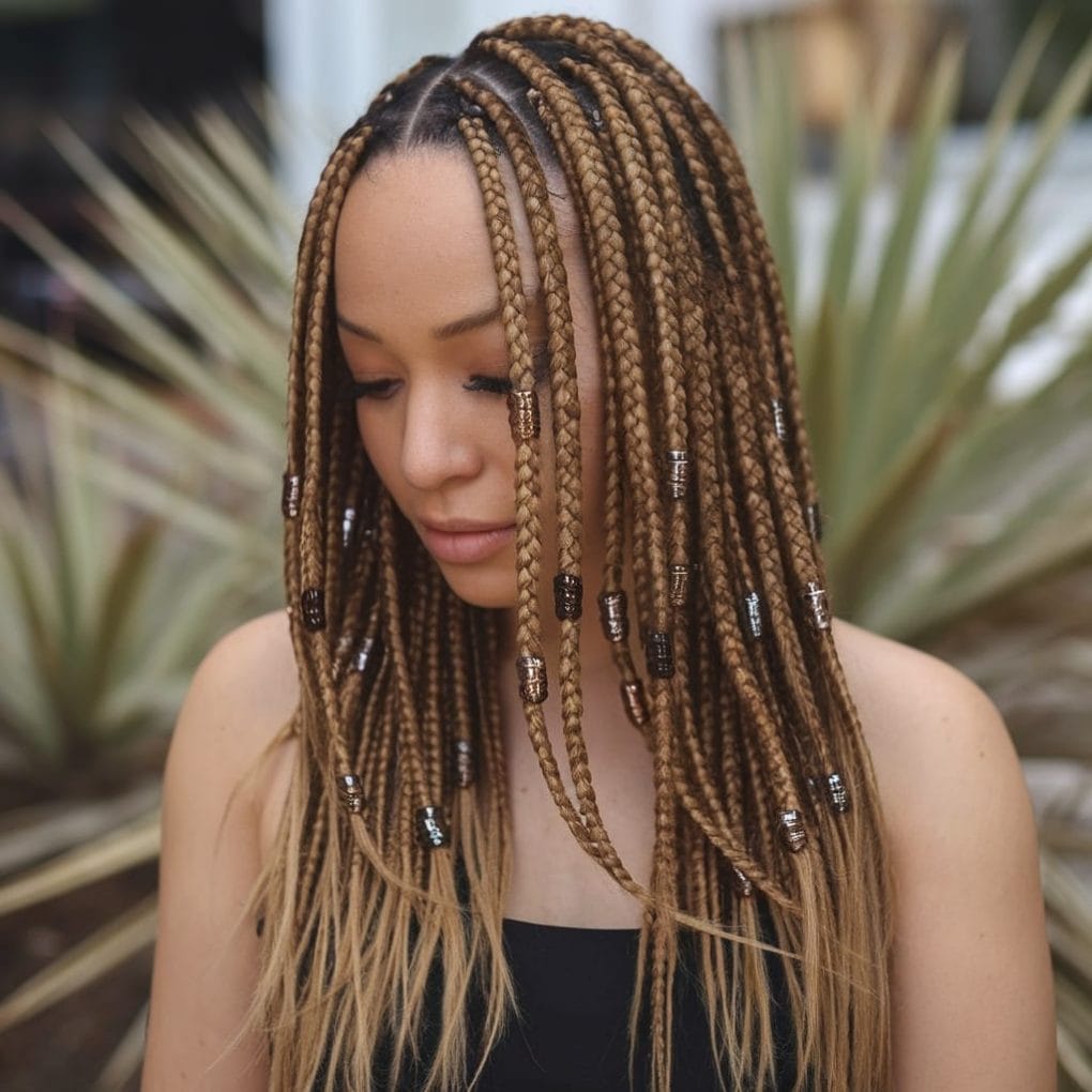 Mid-Back Light Brown Braids With Metallic Beads Mid-Back Light Brown Braids With Metallic Beads — Simple Knotless Hairstyles