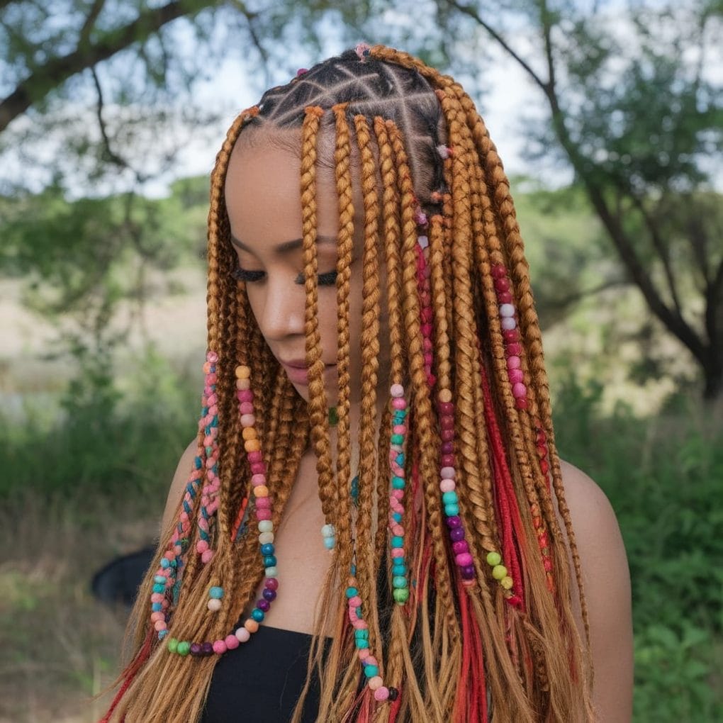 Honey Blonde Braids With Colorful Beads Honey Blonde Braids With Colorful Beads — Simple Knotless Hairstyles