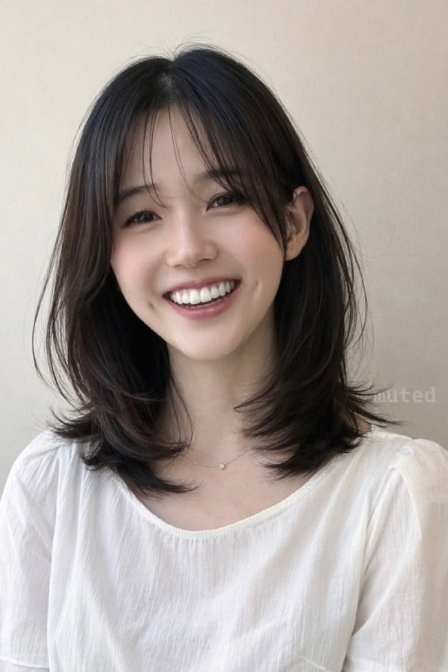 Soft Black Korean Layered Lob with Airy See-Through Fringe for Fine Hair