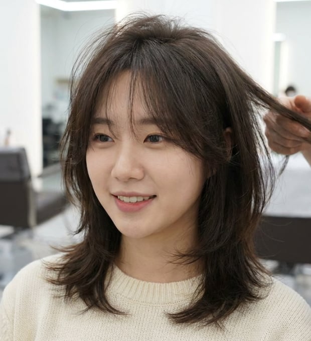 Collarbone Shag With Wispy Bangs And Highlights Collarbone Shag With Wispy Bangs And Highlights — Simple Korean Hair