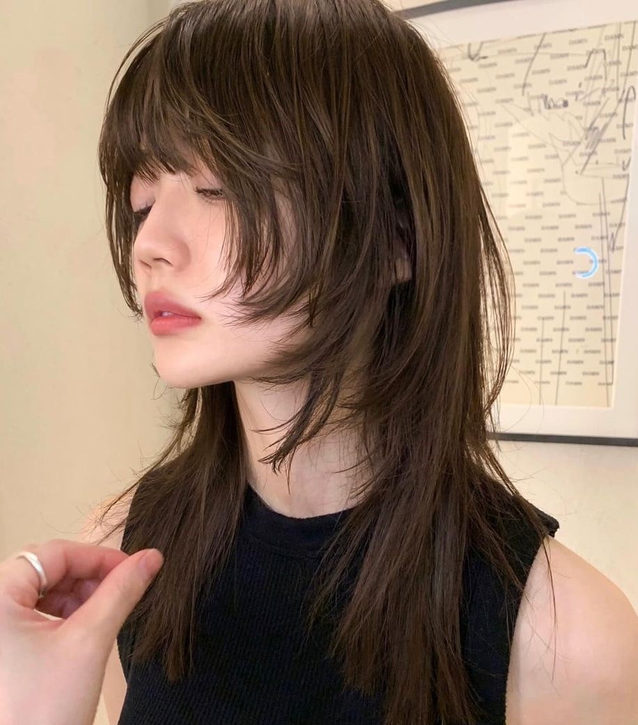 Mid-Back Wolf Cut With Heavy Layers And Wispy Bangs Mid-Back Wolf Cut With Heavy Layers And Wispy Bangs — Simple Korean Hair