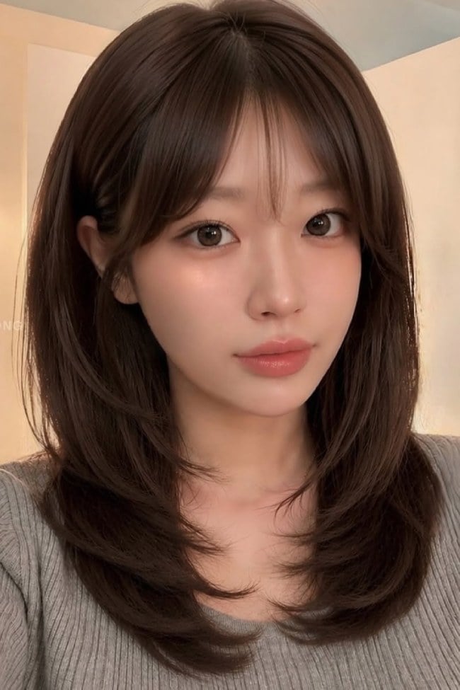 Dark Brown Lob With Face-Framing Curtain Bangs Dark Brown Lob With Face-Framing Curtain Bangs — Simple Korean Hair