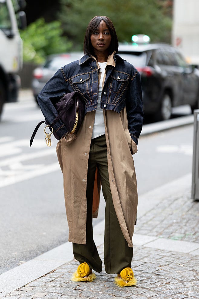 Denim jacket over trench coat layered with wide leg pants — Simple Layered Ideas