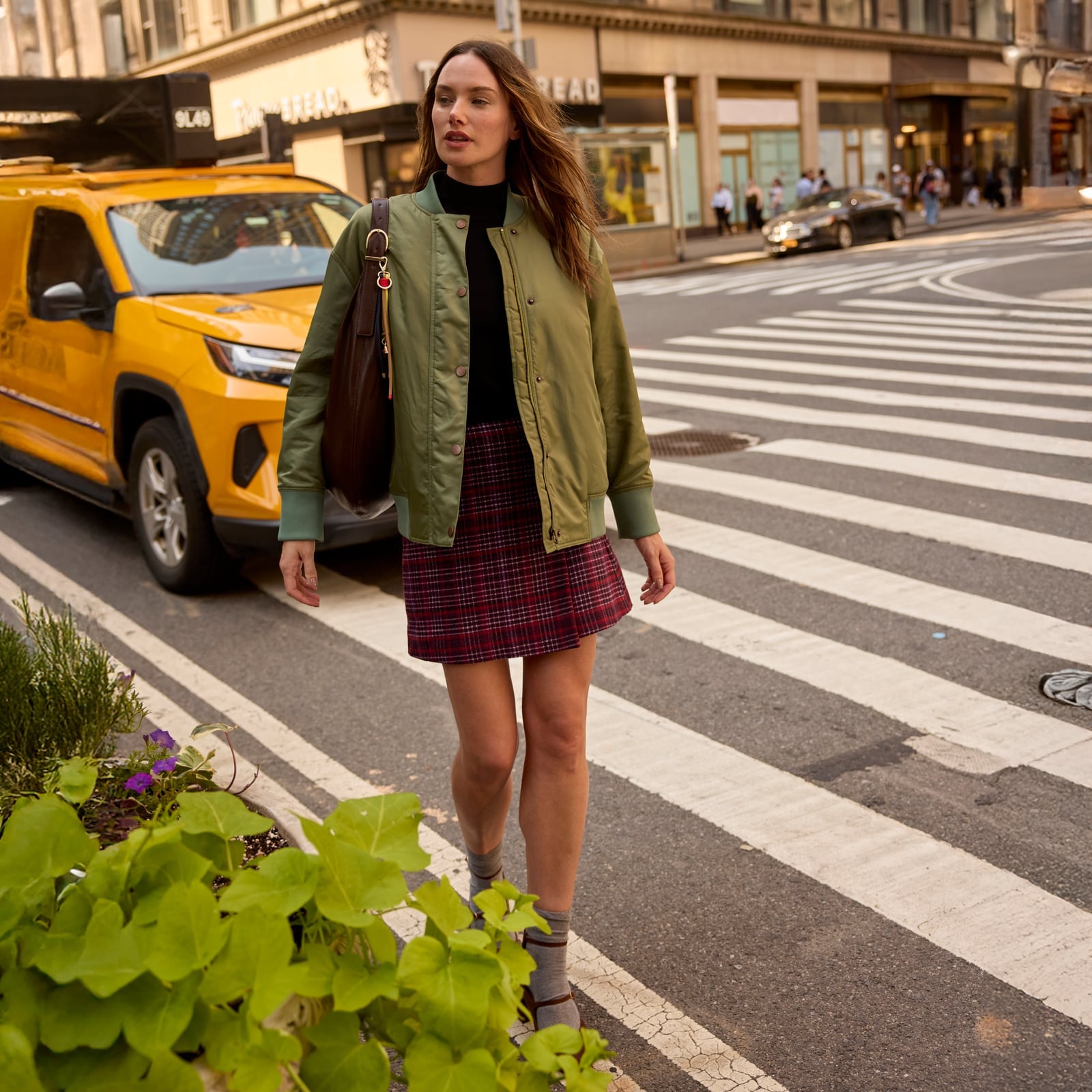 Bomber jacket over turtleneck and plaid mini skirt — Simple Layered Ideas