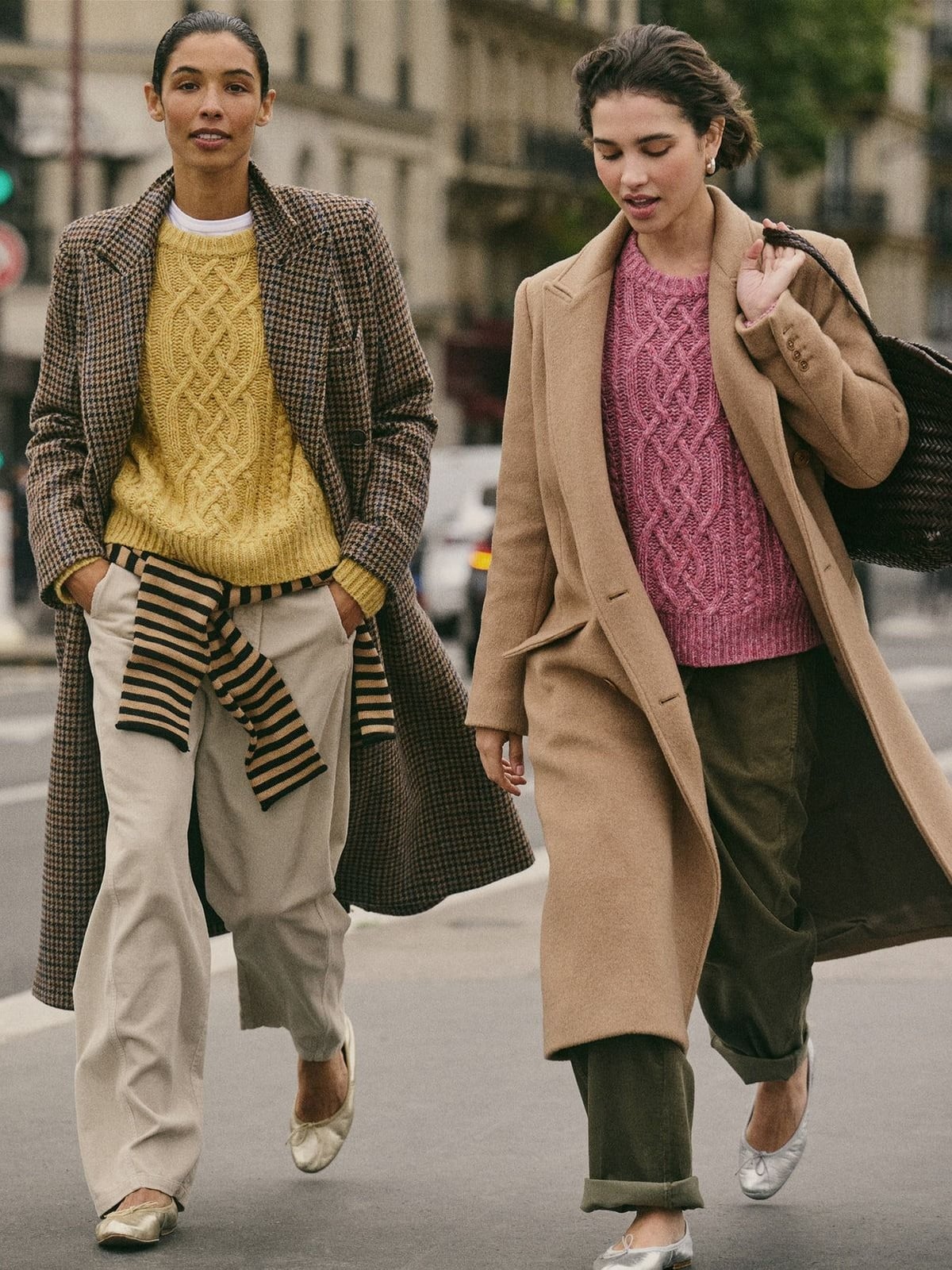 Cable-knit sweater under beige coat with scarf detail — Simple Layered Ideas