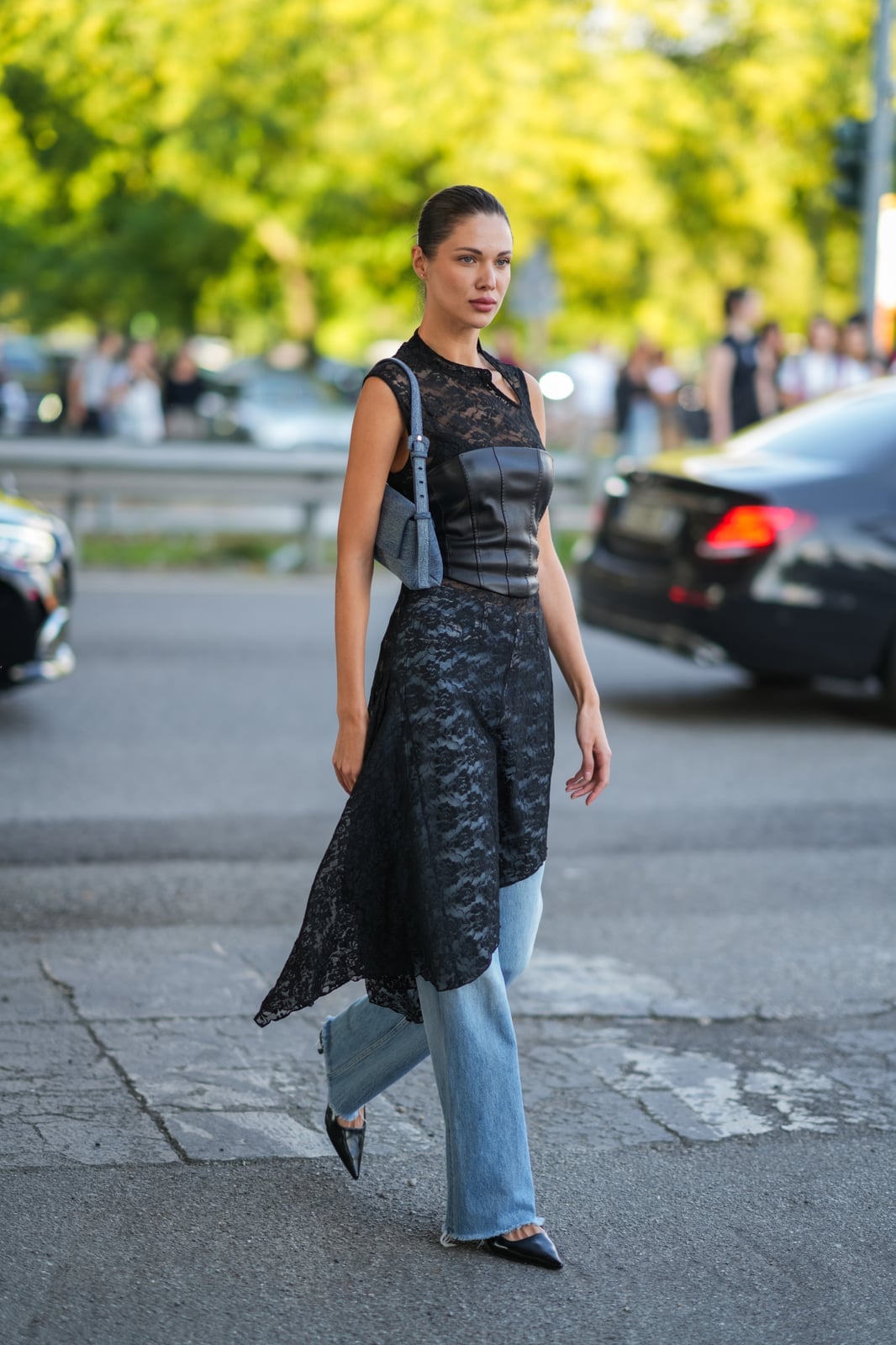 Lace dress and corset top with wide leg jeans — Simple Layered Ideas