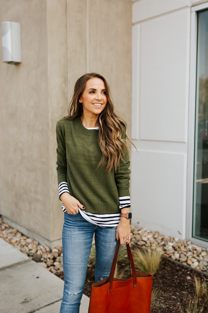 Crewneck sweater over striped shirt with jeans and sneakers — Simple Layered Ideas