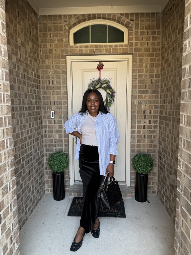 Knit top under striped shirt with velvet maxi skirt — Simple Layered Ideas