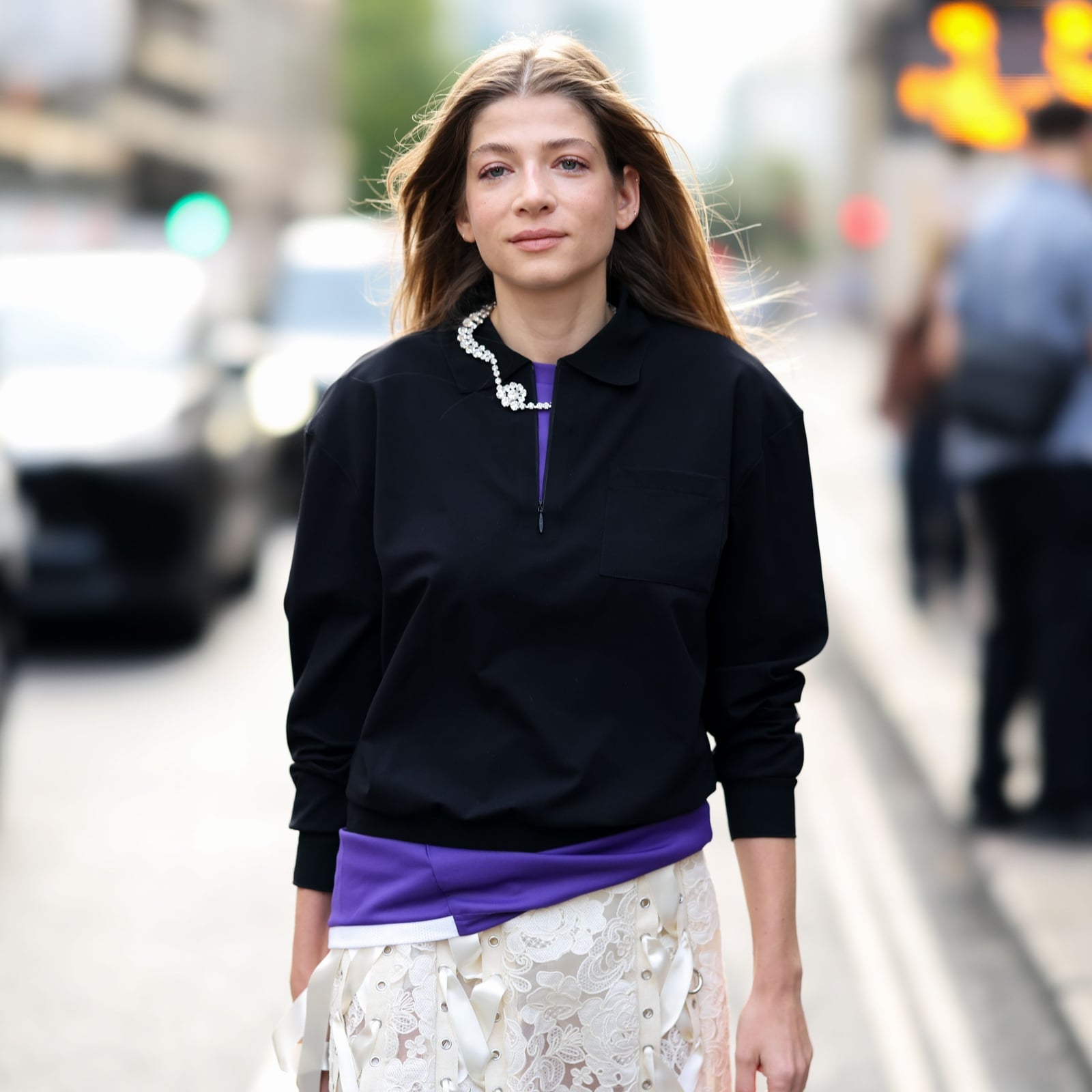 Sweatshirt over t-shirt with lace skirt and sneakers — Simple Layered Ideas