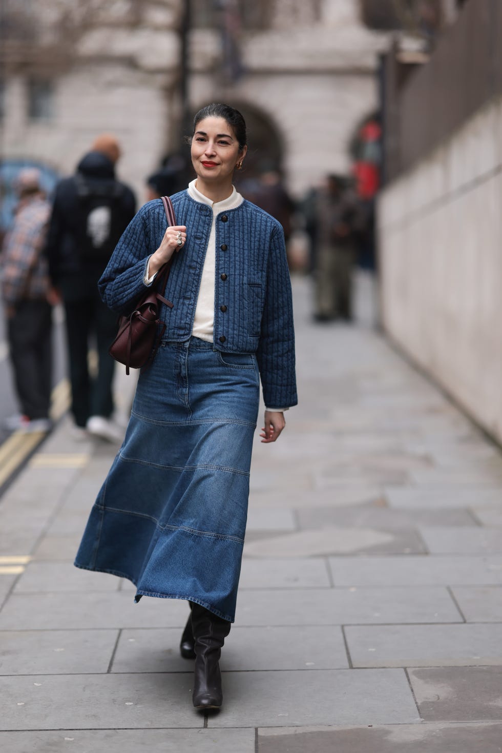 Quilted denim jacket over long sleeve top and denim skirt — Simple Layered Ideas