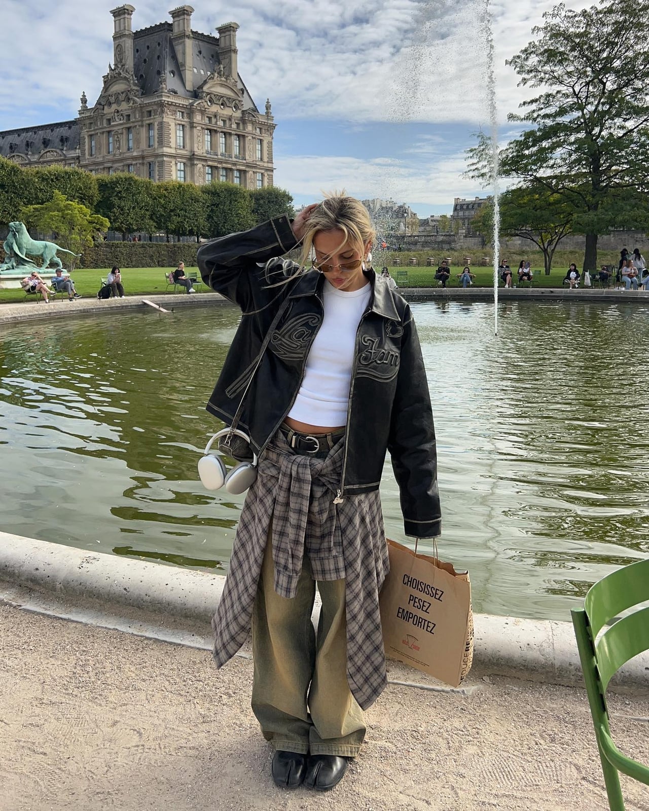 Black jacket with plaid shirt tied at waist and baggy pants — Simple Layered Ideas