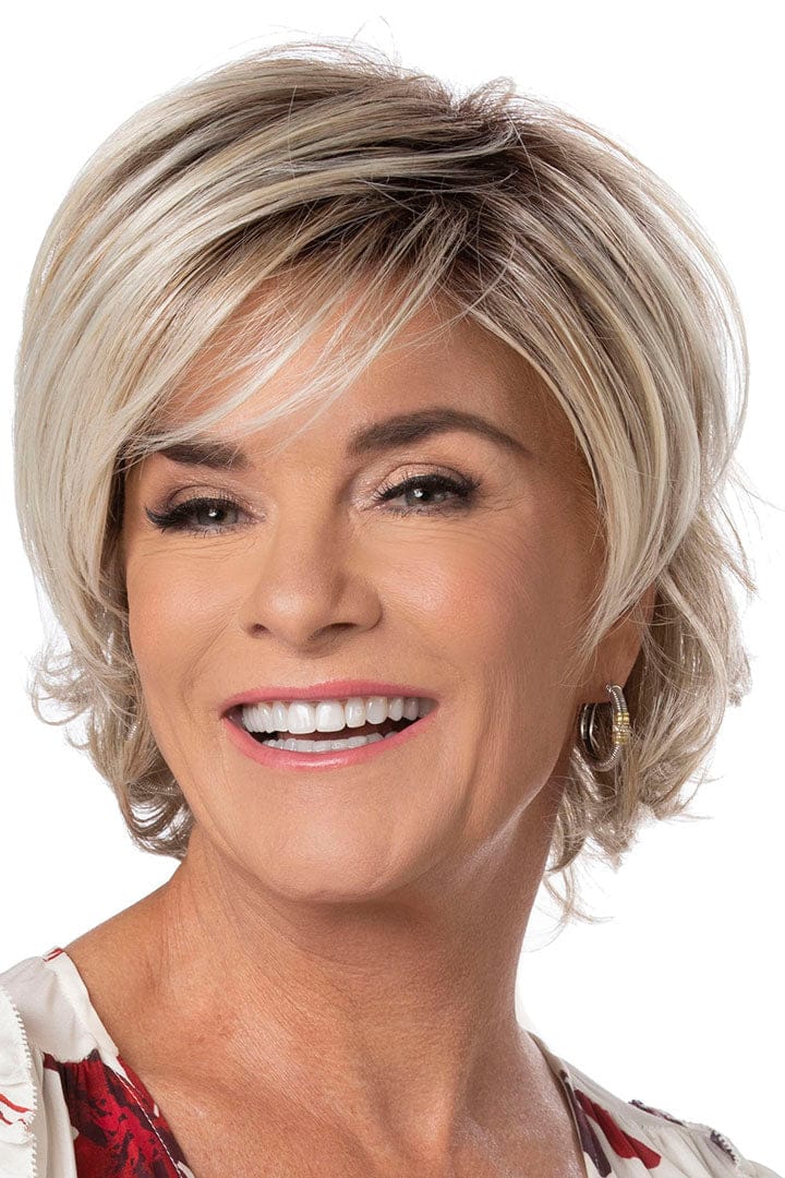 Chin Length Bob With Side Swept Bangs and Ash Blonde With Darker Roots — Simple Layers Wig