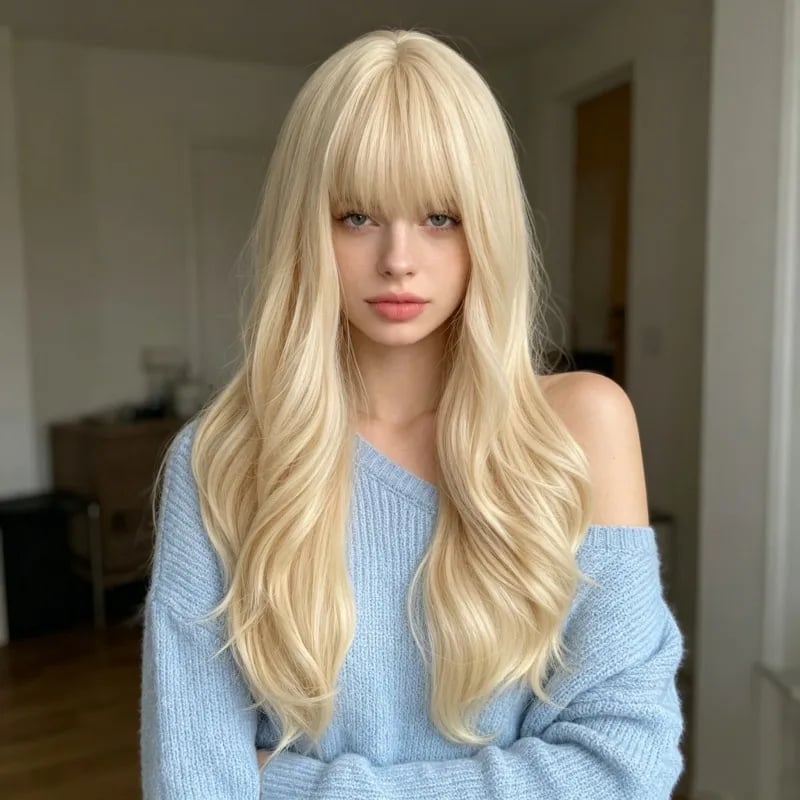 Mid-Back Ash Blonde Layers With Air Bangs — Simple Layers Wig