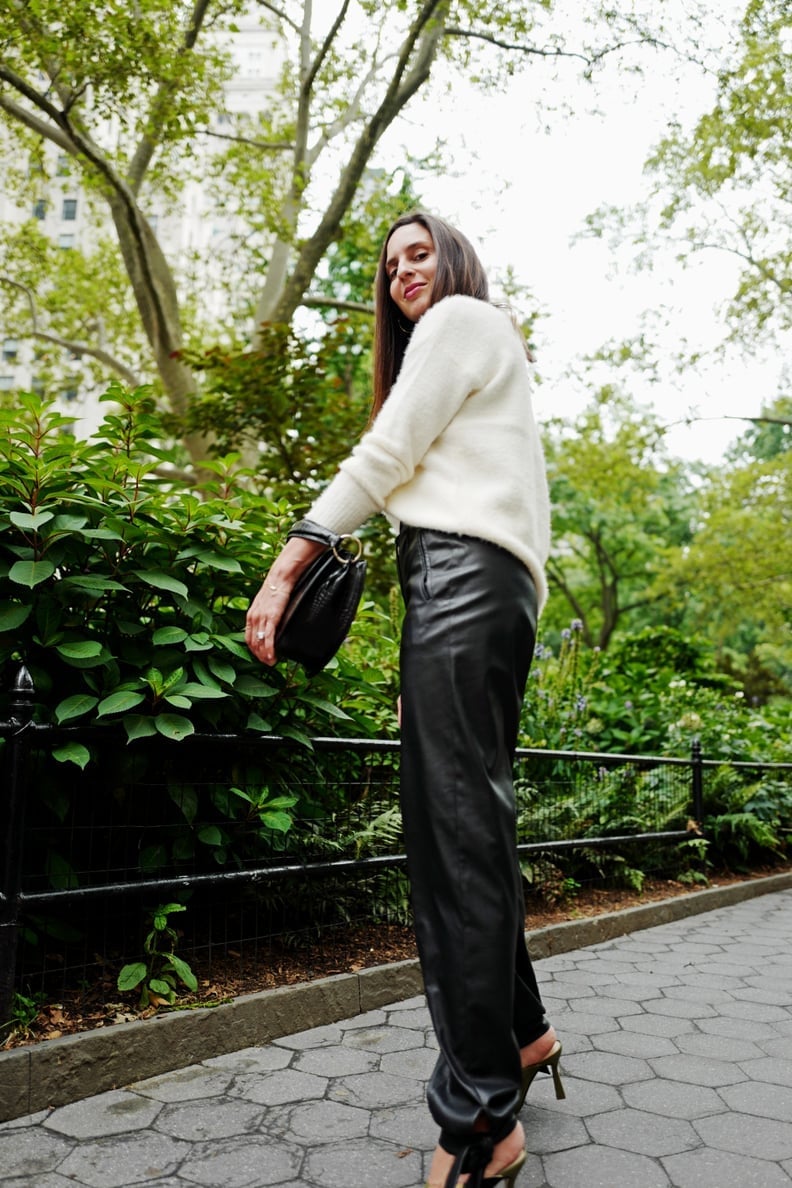 Black Leather Trousers With Cream Fuzzy Sweater, Close-Up Take Black Leather Trousers With Cream Fuzzy Sweater, Close-Up Take — Simple Leather Pants Outfits
