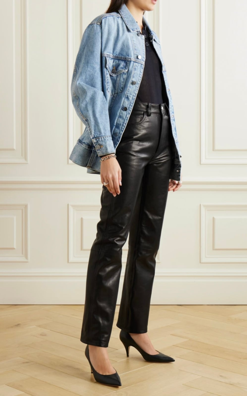 Straight Leg Black Leather Pants With Denim Jacket, Close-Up Take Straight Leg Black Leather Pants With Denim Jacket, Close-Up Take — Simple Leather Pants Outfits