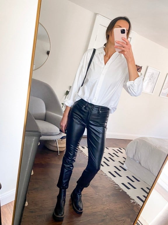 Fitted Leather Trousers With Button Down Shirt, Black Shoulder Bag Fitted Leather Trousers With Button Down Shirt, Black Shoulder Bag — Simple Leather Pants Outfits