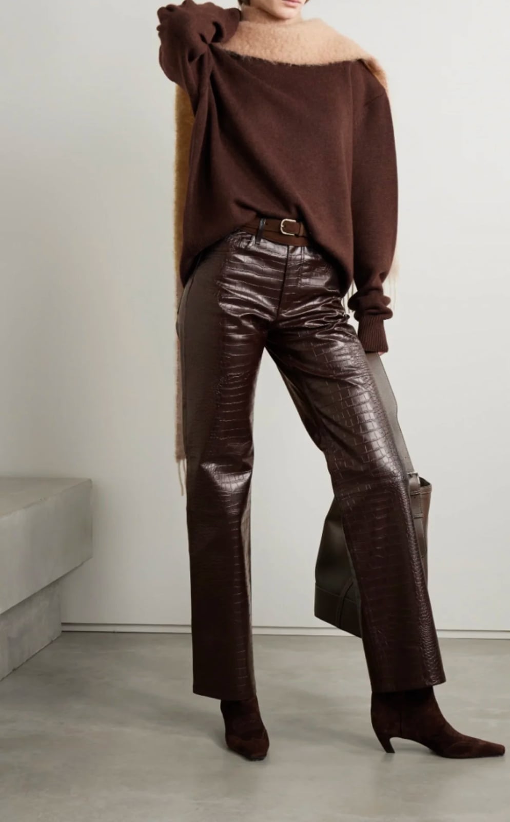 Croc Embossed Leather Pants With Knit Sweater, Close-Up Take Croc Embossed Leather Pants With Knit Sweater, Close-Up Take — Simple Leather Pants Outfits