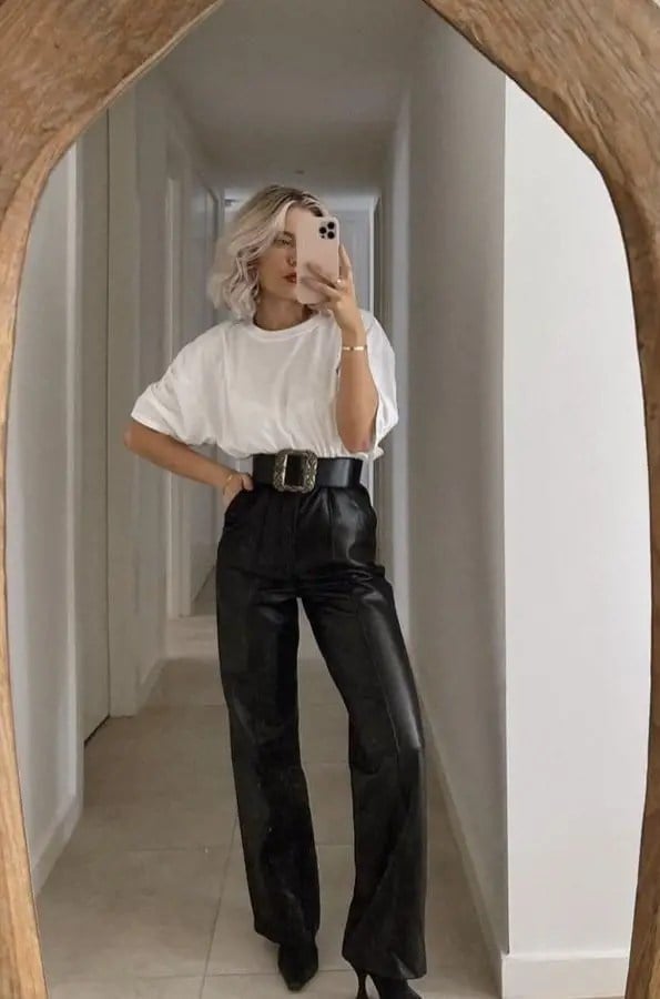 Wide Leg Black Leather Pants With Black Blazer, Softer Variation Wide Leg Black Leather Pants With Black Blazer, Softer Variation — Simple Leather Pants Outfits