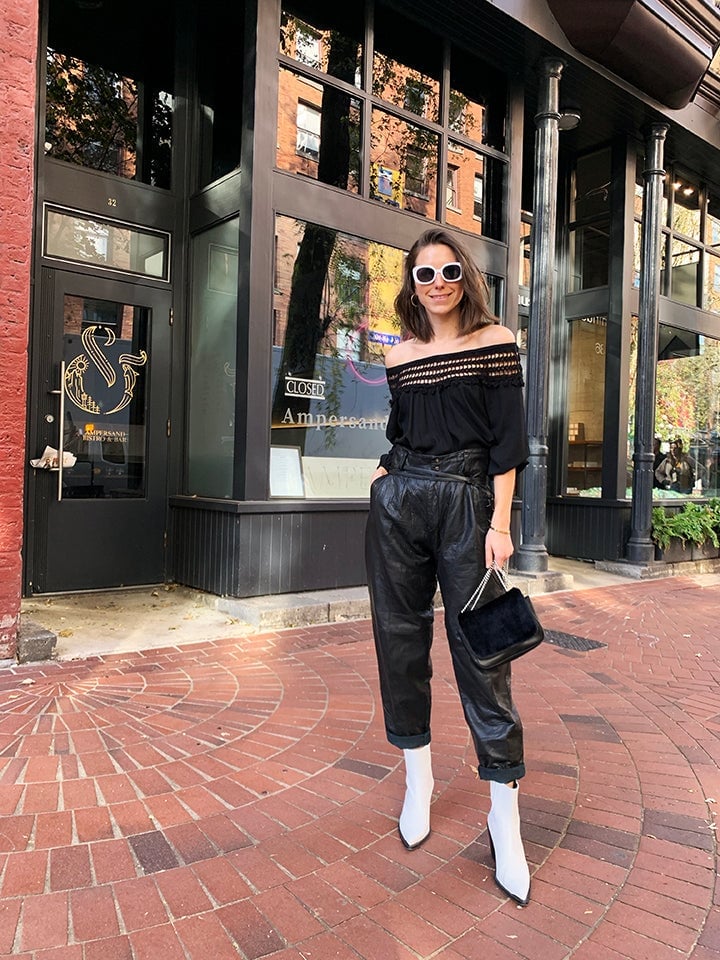 Black Leather Pants With Crochet Top, White Sunglasses Black Leather Pants With Crochet Top, White Sunglasses — Simple Leather Pants Outfits