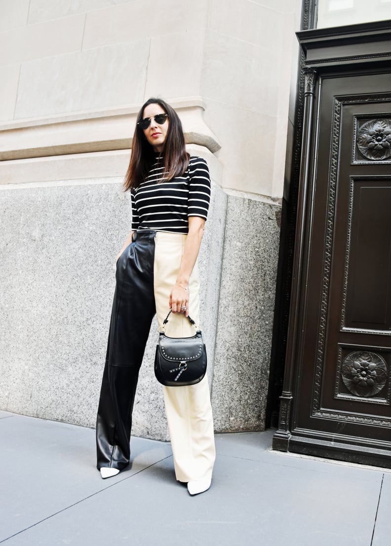 Color Block Leather Pants With Striped Top, White Pointed-Toe Shoes Color Block Leather Pants With Striped Top, White Pointed-Toe Shoes — Simple Leather Pants Outfits