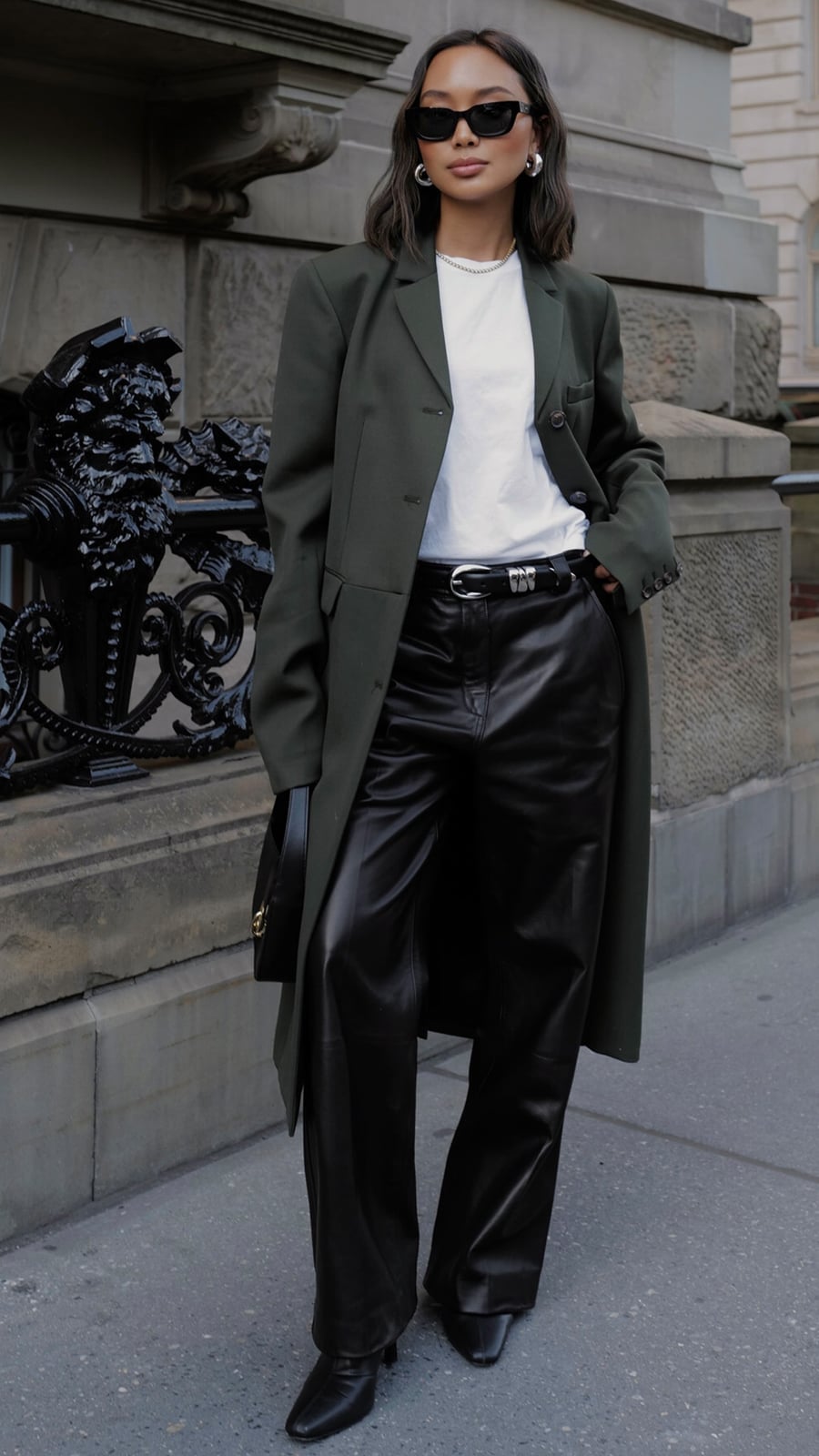 Wide Leg Black Leather Pants With Olive Blazer Wide Leg Black Leather Pants With Olive Blazer — Simple Leather Pants Outfits