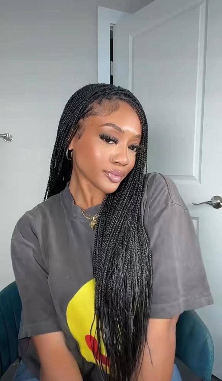 Mid-Back Sleek Fine Micro Braids, Straight Mid-Back Sleek Fine Micro Braids, Straight — Simple Length Braids