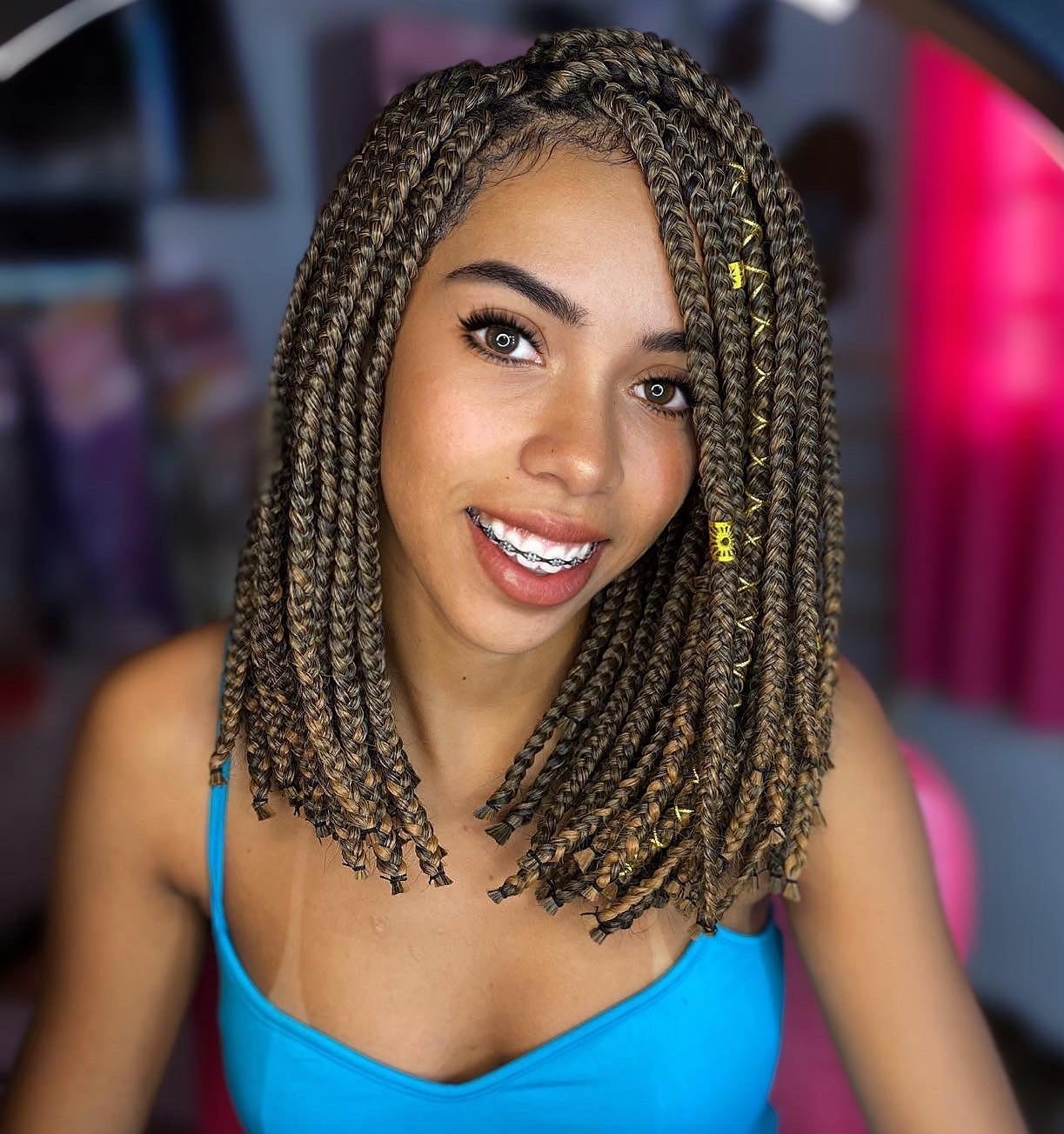 Shoulder Length Brown Box Braids with Blonde Highlights Shoulder Length Brown Box Braids with Blonde Highlights — Simple Length Braids