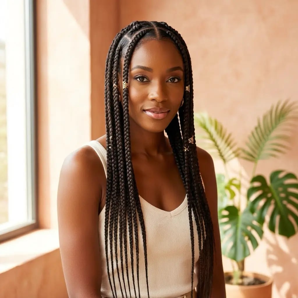 Collarbone Length Dark Brown Box Braids with Blonde Highlights Collarbone Length Dark Brown Box Braids with Blonde Highlights — Simple Length Braids